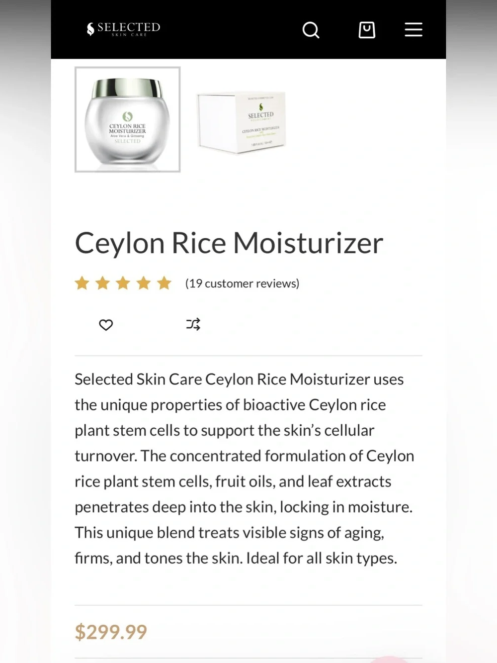 *NEW*1.69oz* Selected Skincare *Ceylon Rice Moisturizer